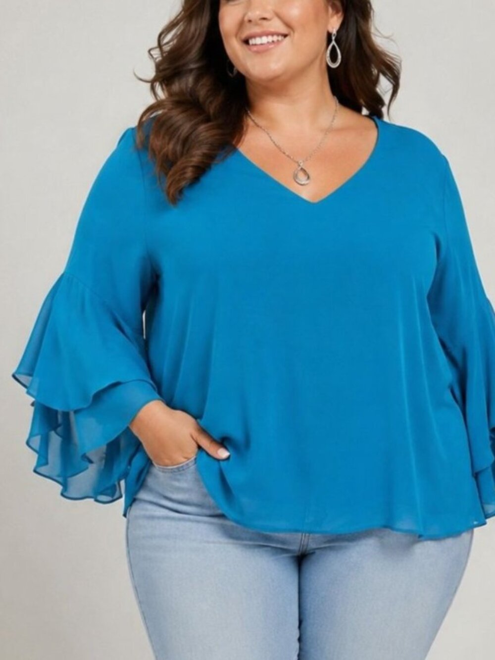 Lane Bryant Womens Top 26 28 Blue Chiffon Semi Sheer Bell Sleeve Layered NEW